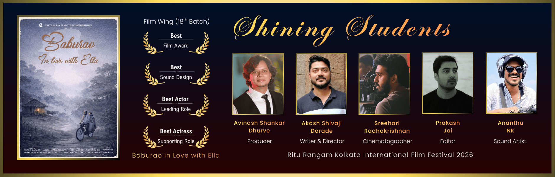 Film wing 18th batch students wins awards for the film Baburao in Love with Ella im Ritu Rangam Kolkata International Film Festival 2026